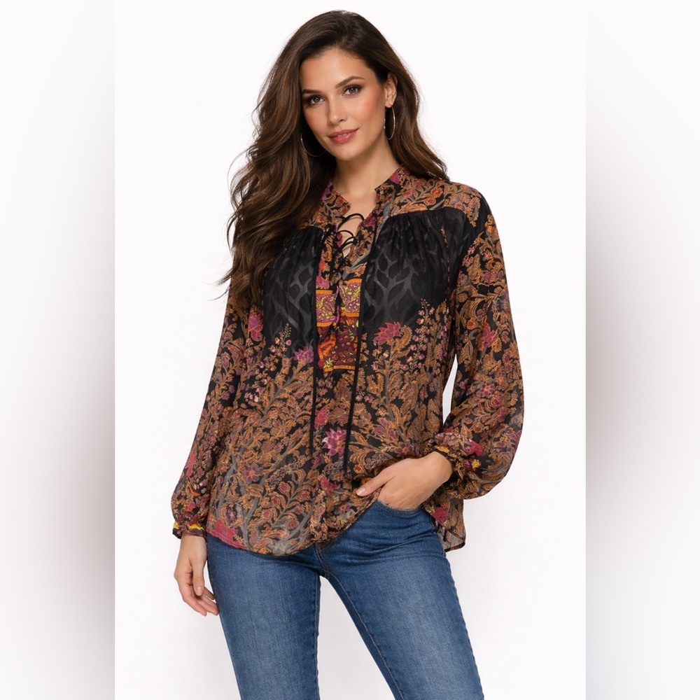 Tracy Reese Top 4 Silk Long Sleeve Floral Burnout Paisley Romantic Fairy Flowy